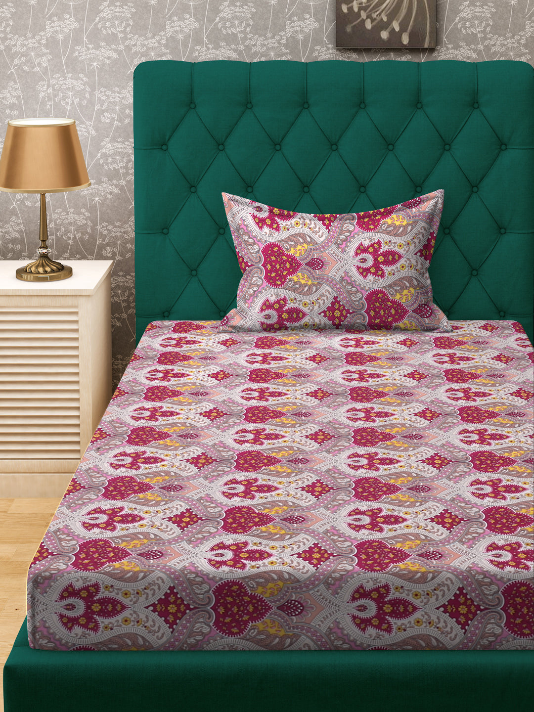 Klotthe Red Ethnic Motifs 300 TC Cotton Blend Fitted Single Bedsheet with Pillow Cover