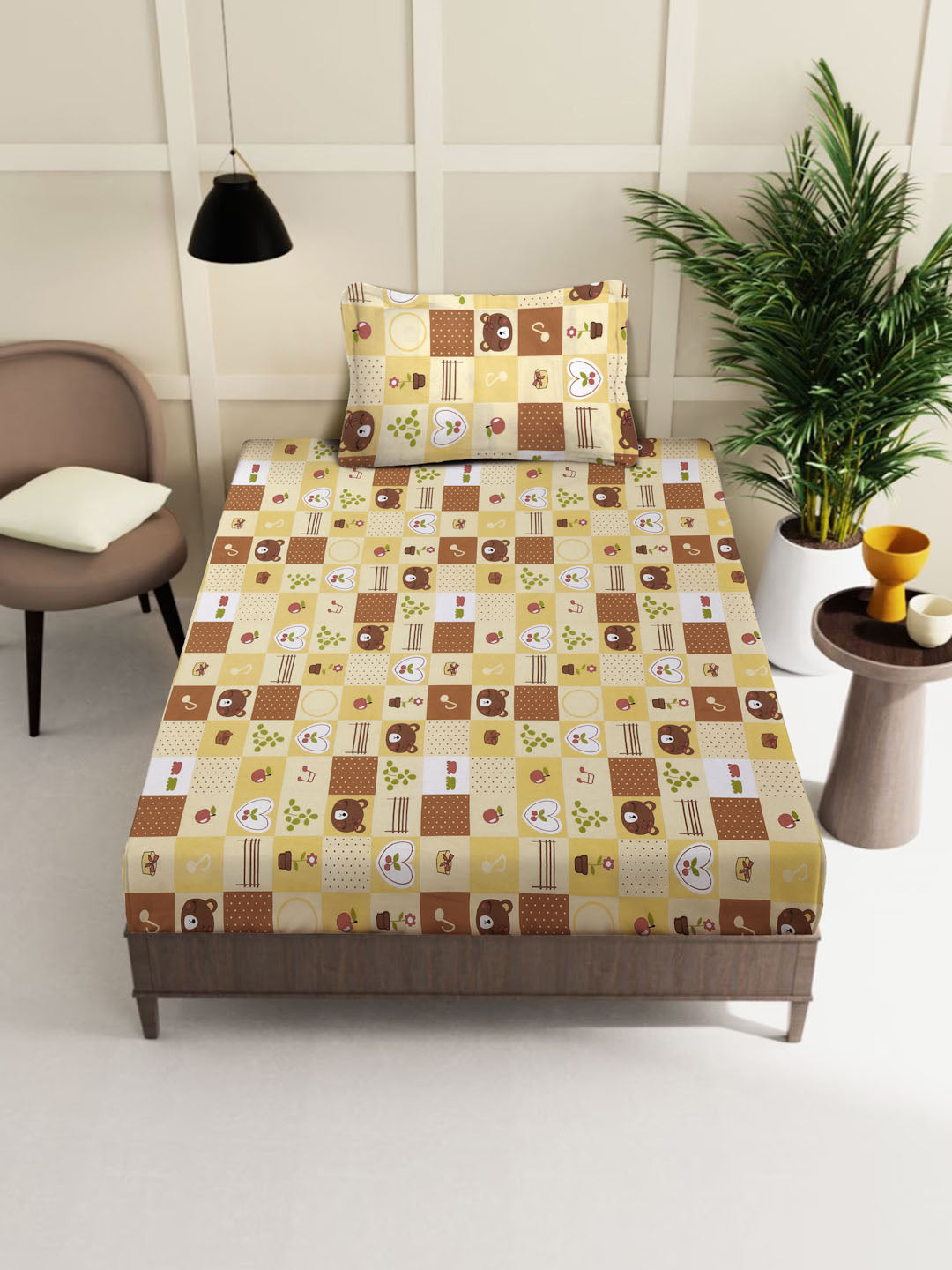 Klotthe Yellow Cartoon Characters 400 TC Pure Cotton Single Bedsheet with Pillow Cover