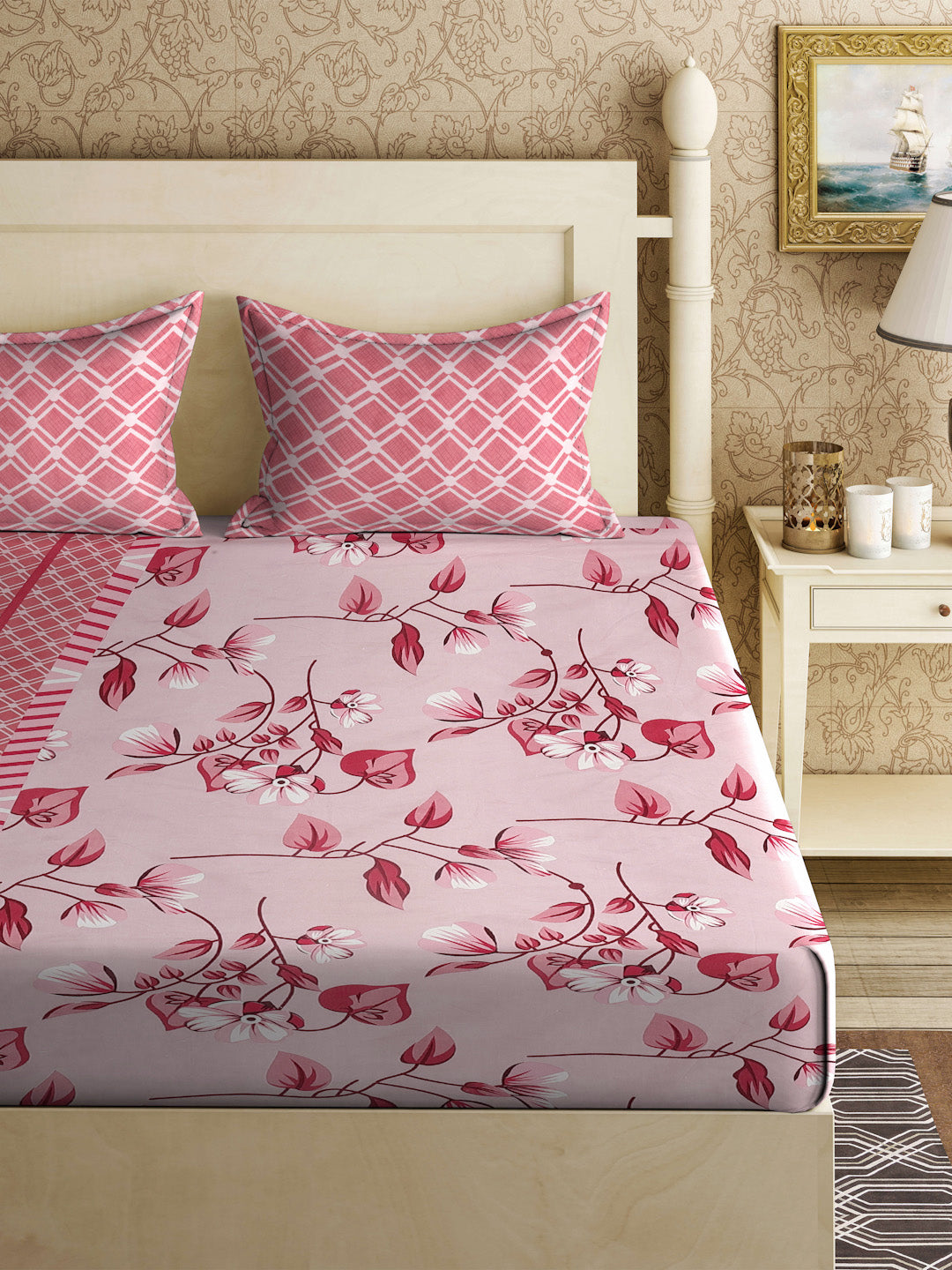 Klotthe Red Floral 300 TC Cotton Blend Double Bedsheet with 2 Pillow Covers