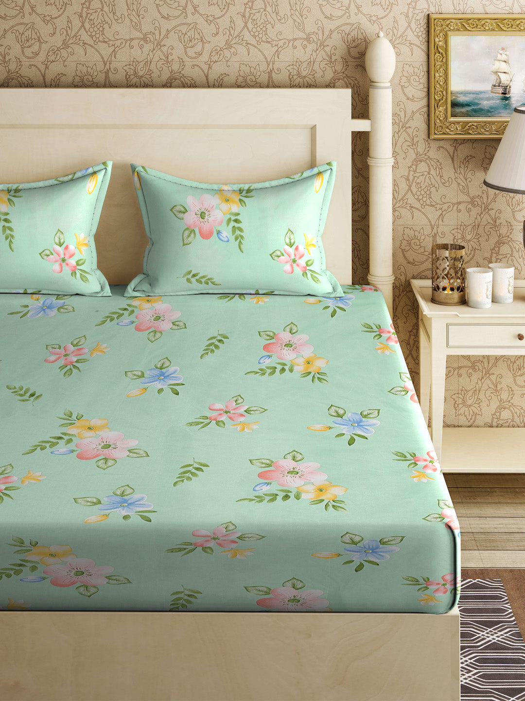 Klotthe Green Floral 300 TC Cotton Blend Double Bedsheet with 2 Pillow Covers