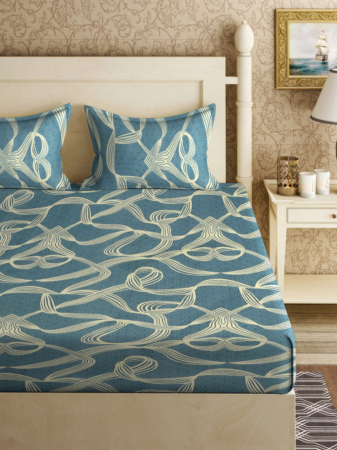 Klotthe Turquoise Abstract 300 TC Cotton Blend Double Bedsheet with 2 Pillow Covers