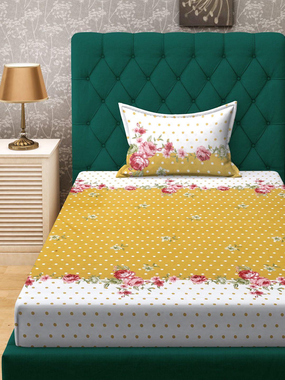 Klotthe Yellow Floral 300 TC Cotton Blend Fitted Single Bedsheet with Pillow Cover