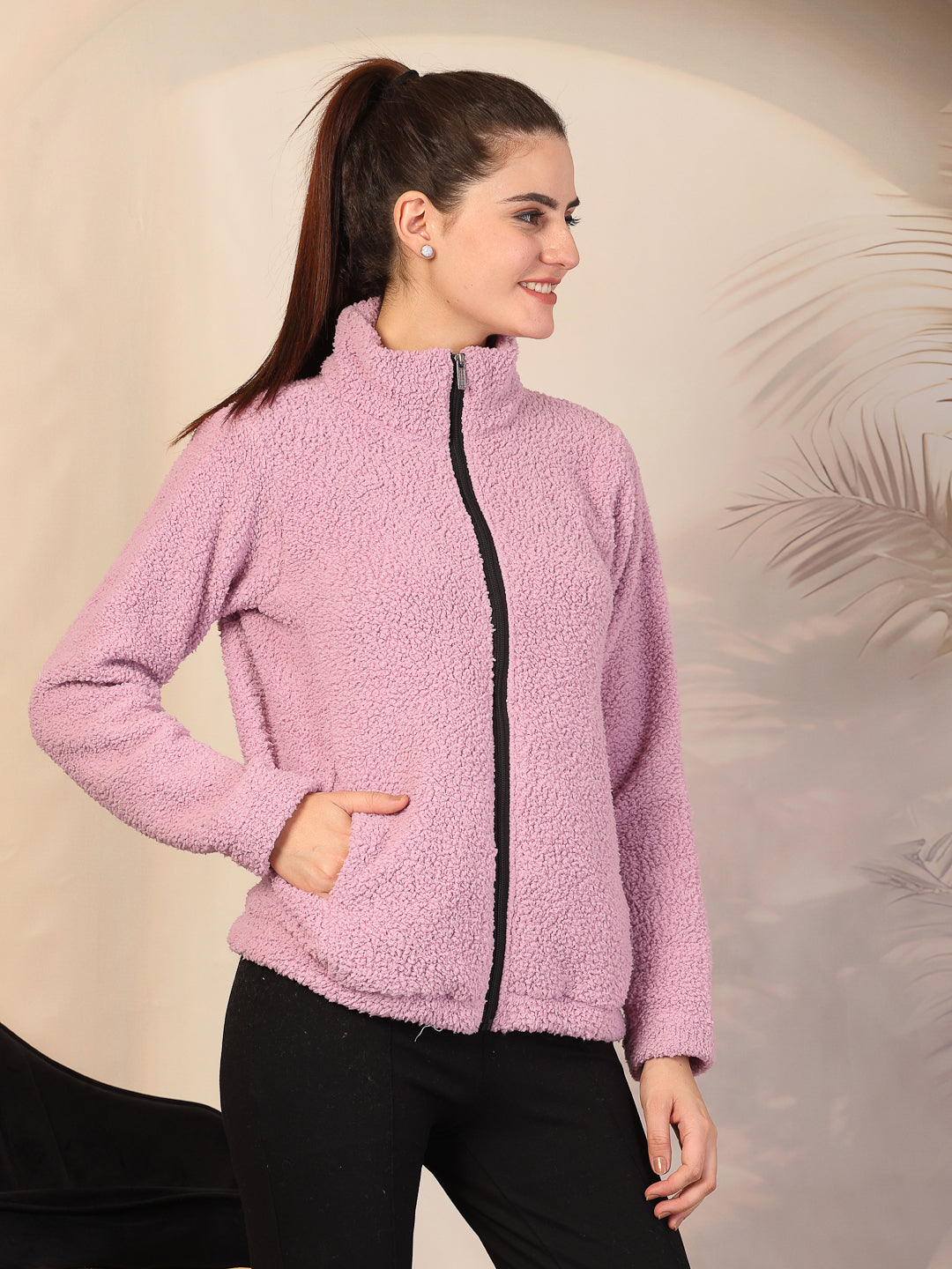 Klotthe Women Pink Solid Sherpa Heavy Winter Jacket