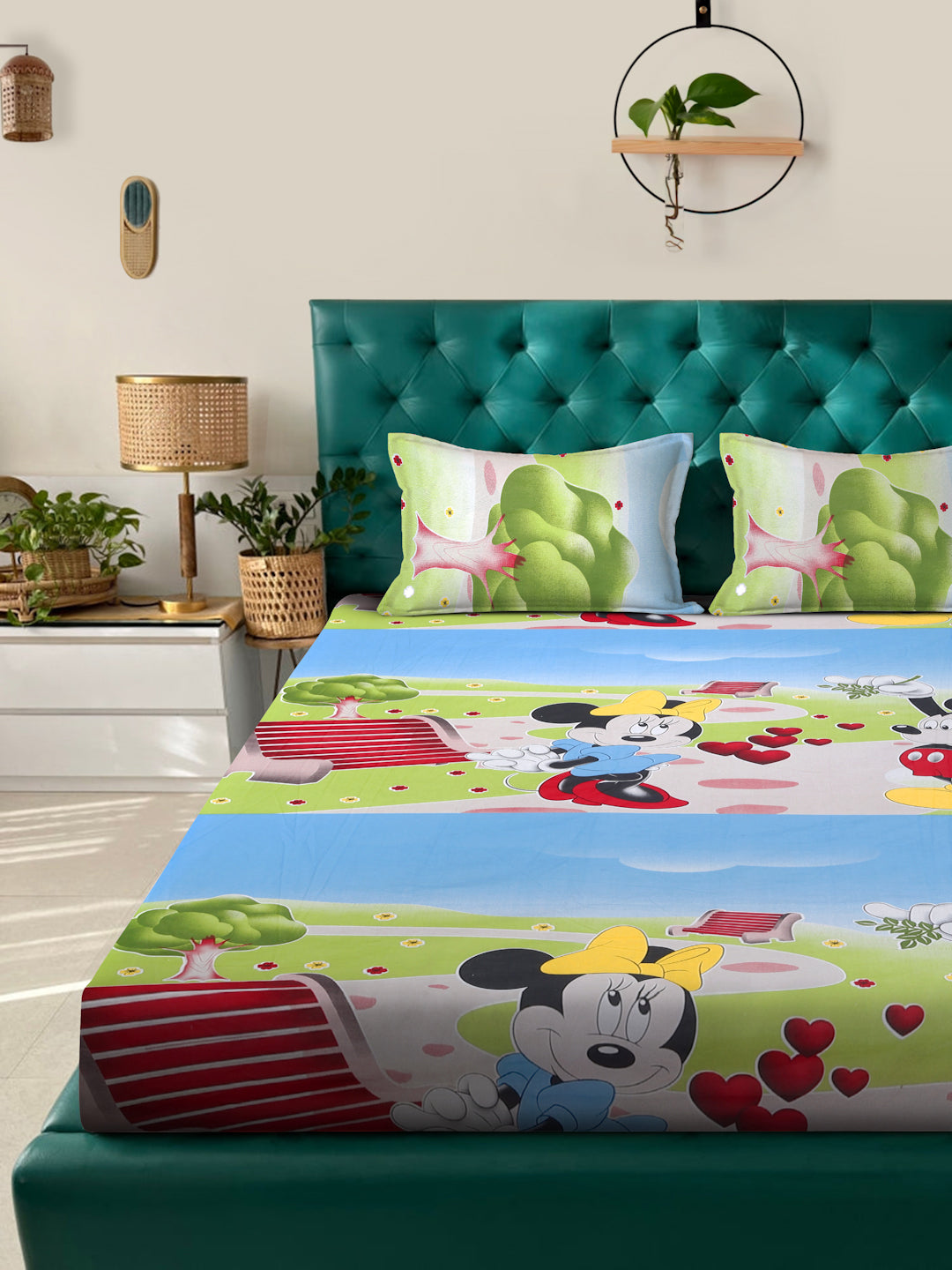 Klotthe Green Cartoon Characters 400 TC Pure Cotton Fitted Double Bedsheet with 2 Pillow Covers