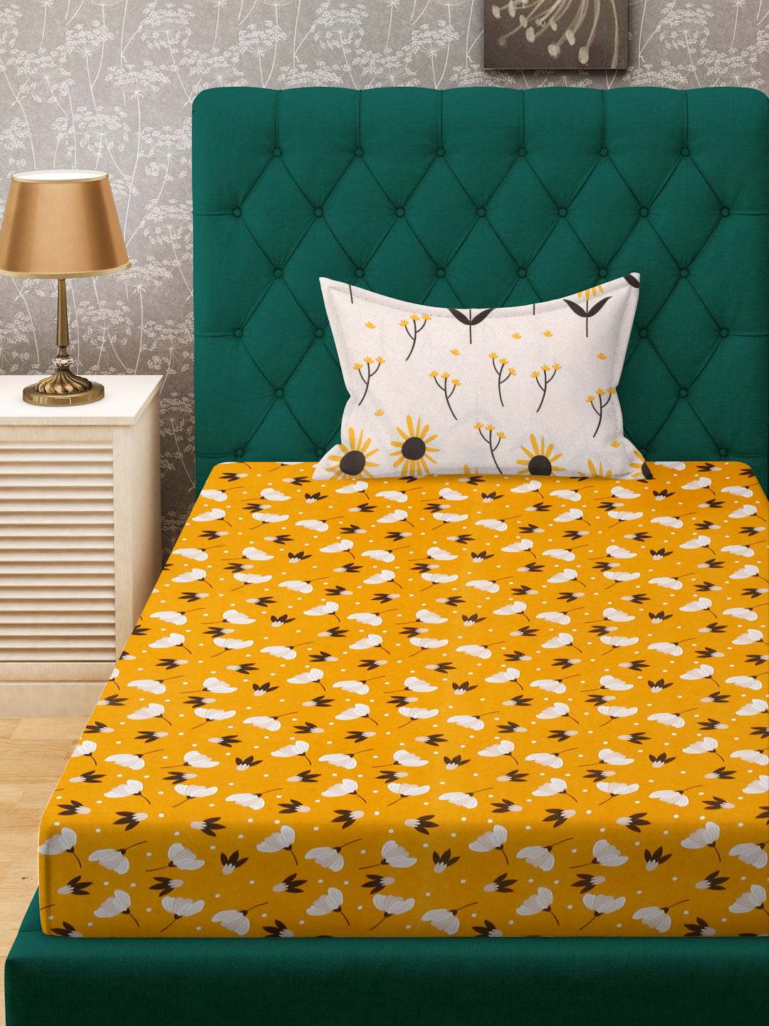 Klotthe Yellow Floral 300 TC Cotton Blend Fitted Single Bedsheet with Pillow Cover