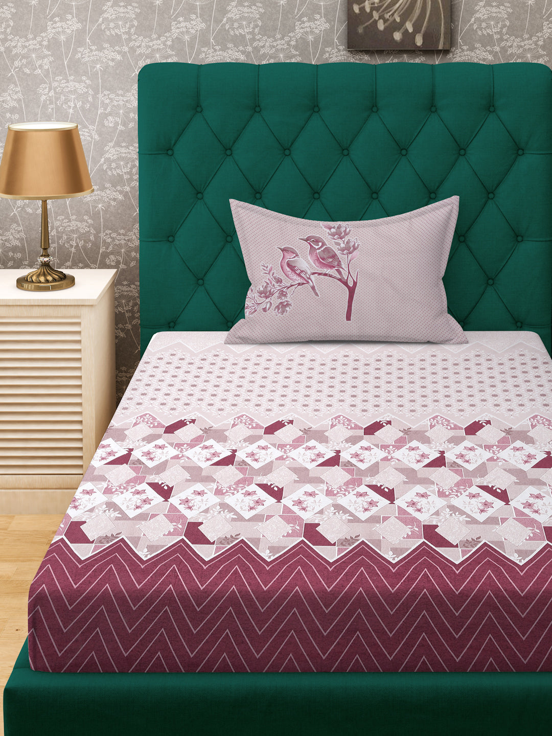 Klotthe Magenta Geometric 400 TC Pure Cotton Fitted Single Bedsheet with Pillow Cover