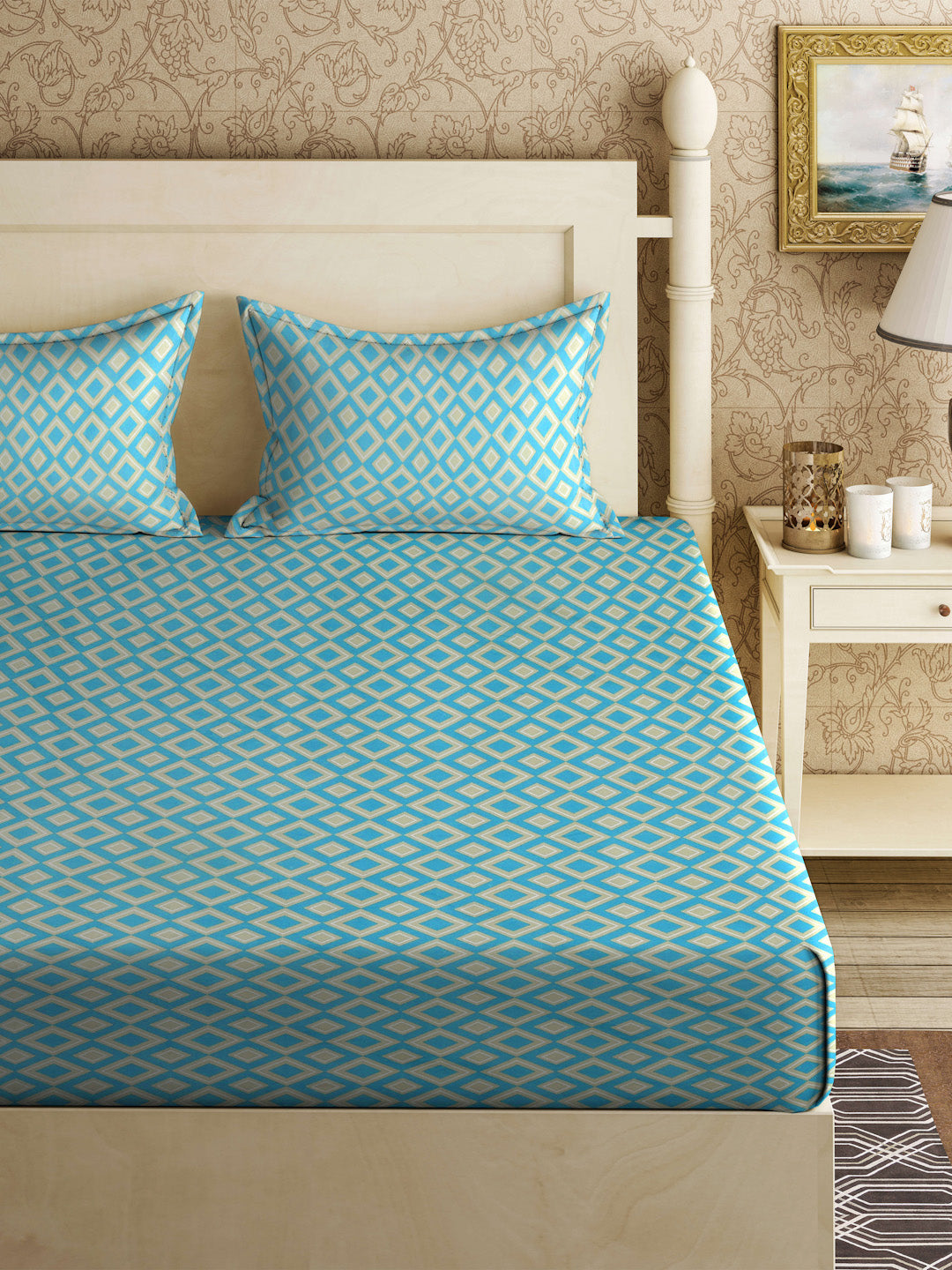 Klotthe Turquoise Geometric 300 TC Cotton Blend Double Bedsheet with 2 Pillow Covers