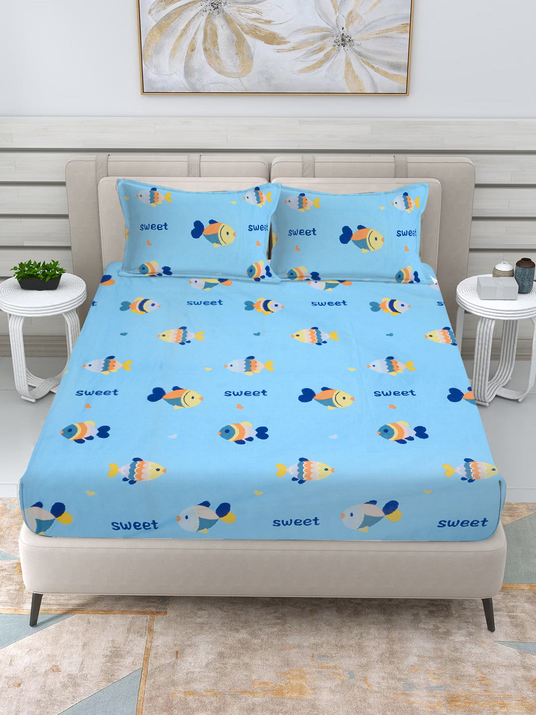 Klotthe Sky Blue Cartoon Characters 300 TC Cotton Blend Fitted Double Bedsheet with 2 Pillow Covers