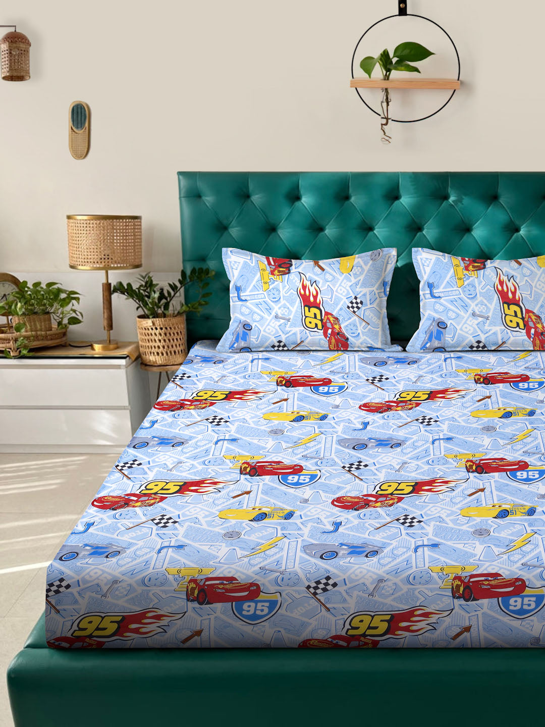 Klotthe SkyBlue Cartoon Characters 400 TC Pure Cotton Fitted Double Bedsheet with 2 Pillow Covers