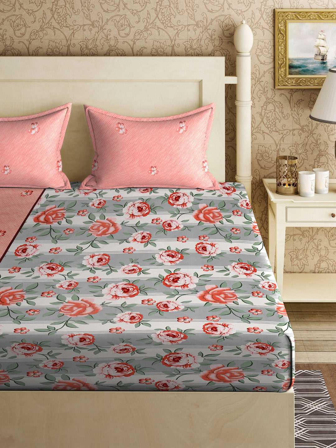 Klotthe Multi Floral 300 TC Cotton Blend Fitted Double Bedsheet with 2 Pillow Covers