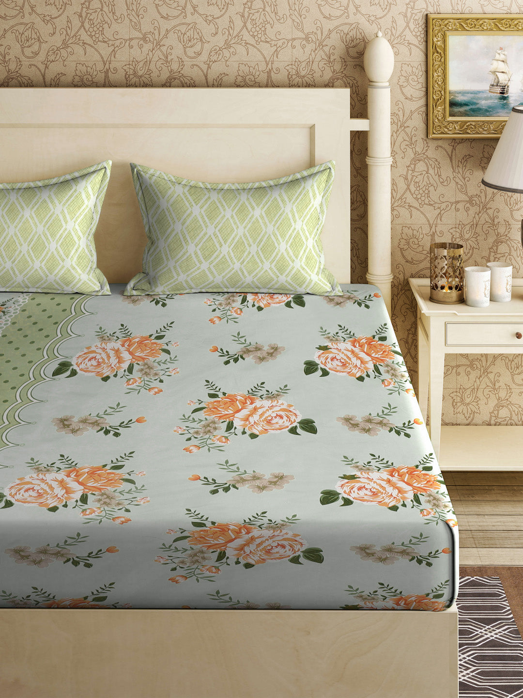 Klotthe Green Floral 300 TC Cotton Blend Fitted Double Bedsheet with 2 Pillow Covers