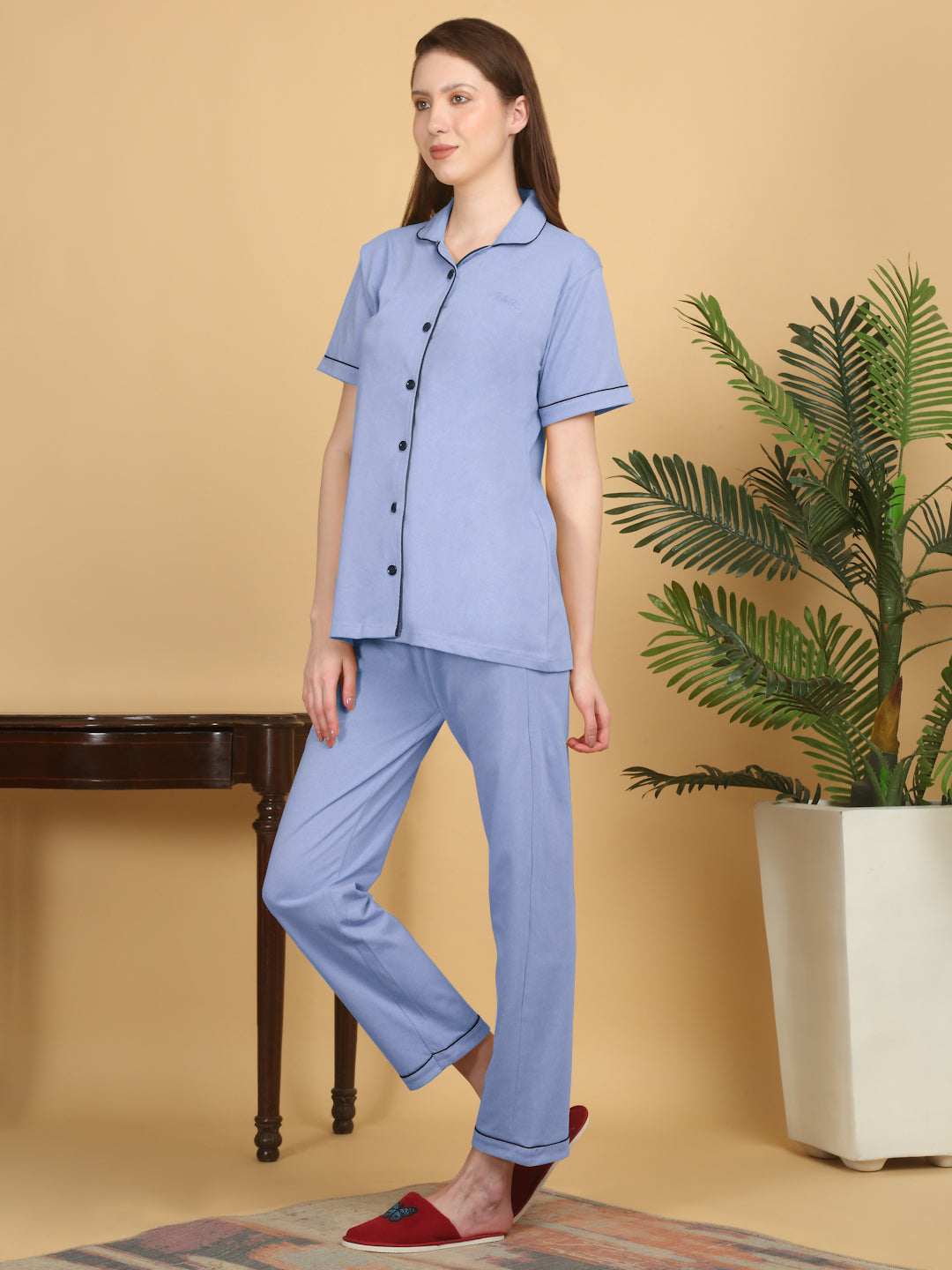 Klotthe Women Sky Blue Solid Cotton Night Suit