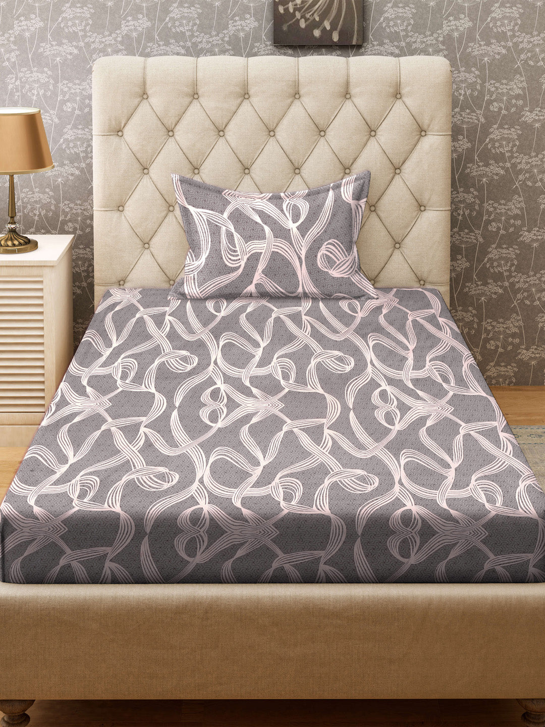 Klotthe Grey Abstract 300 TC Cotton Blend Fitted Single Bedsheet with Pillow Cover