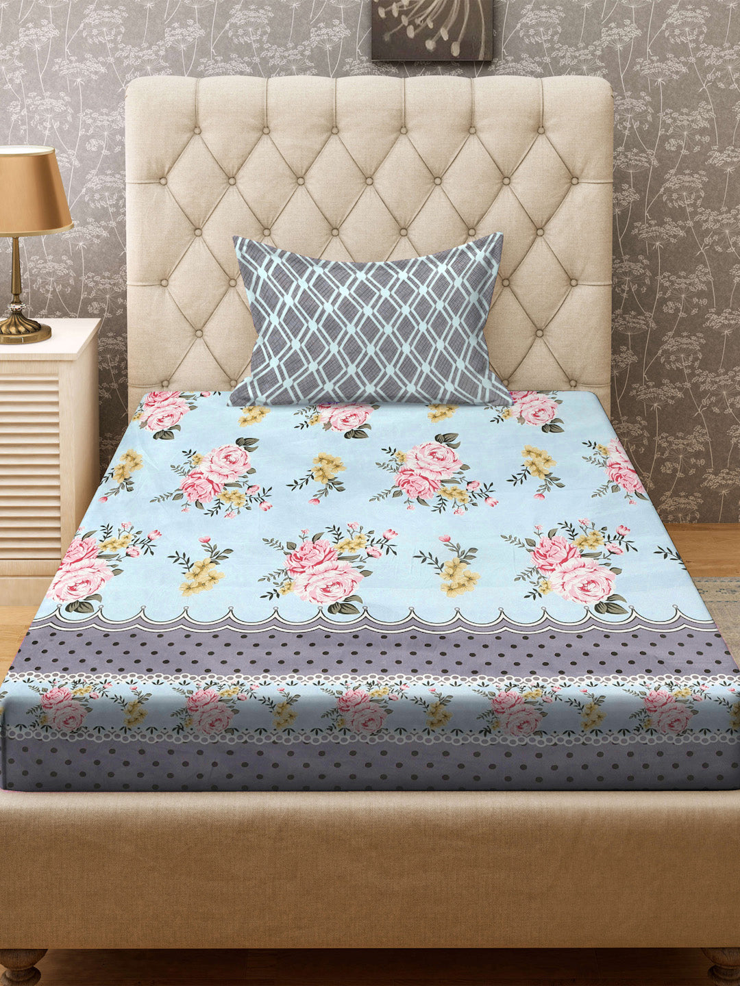 Klotthe SkyBlue Floral 300 TC Cotton Blend Fitted Single Bedsheet with Pillow Cover