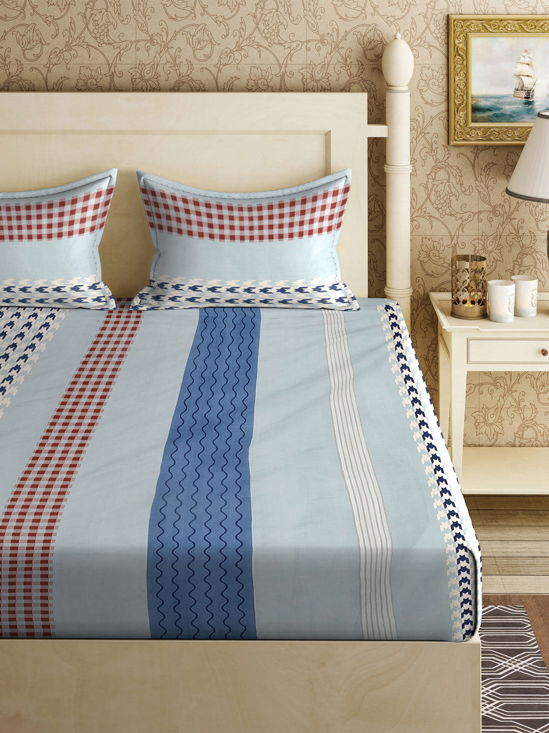 Klotthe Multicolor Striped 300 TC Cotton Blend Fitted Double Bedsheet with 2 Pillow Covers