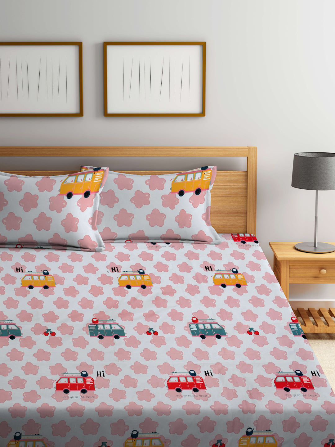 Klotthe Multi Cartoon Characters 300 TC Cotton Blend Fitted Double Bedsheet with 2 Pillow Covers
