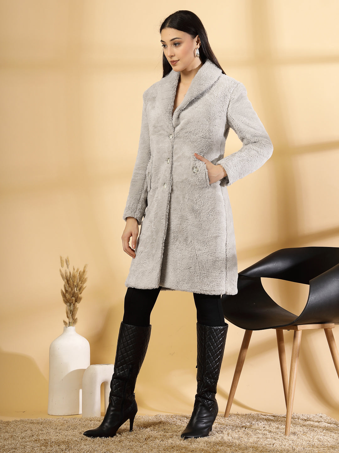 Beige Long Sleeve Single-Breasted Rabbit Wool Overcoat by KLOTTHE®