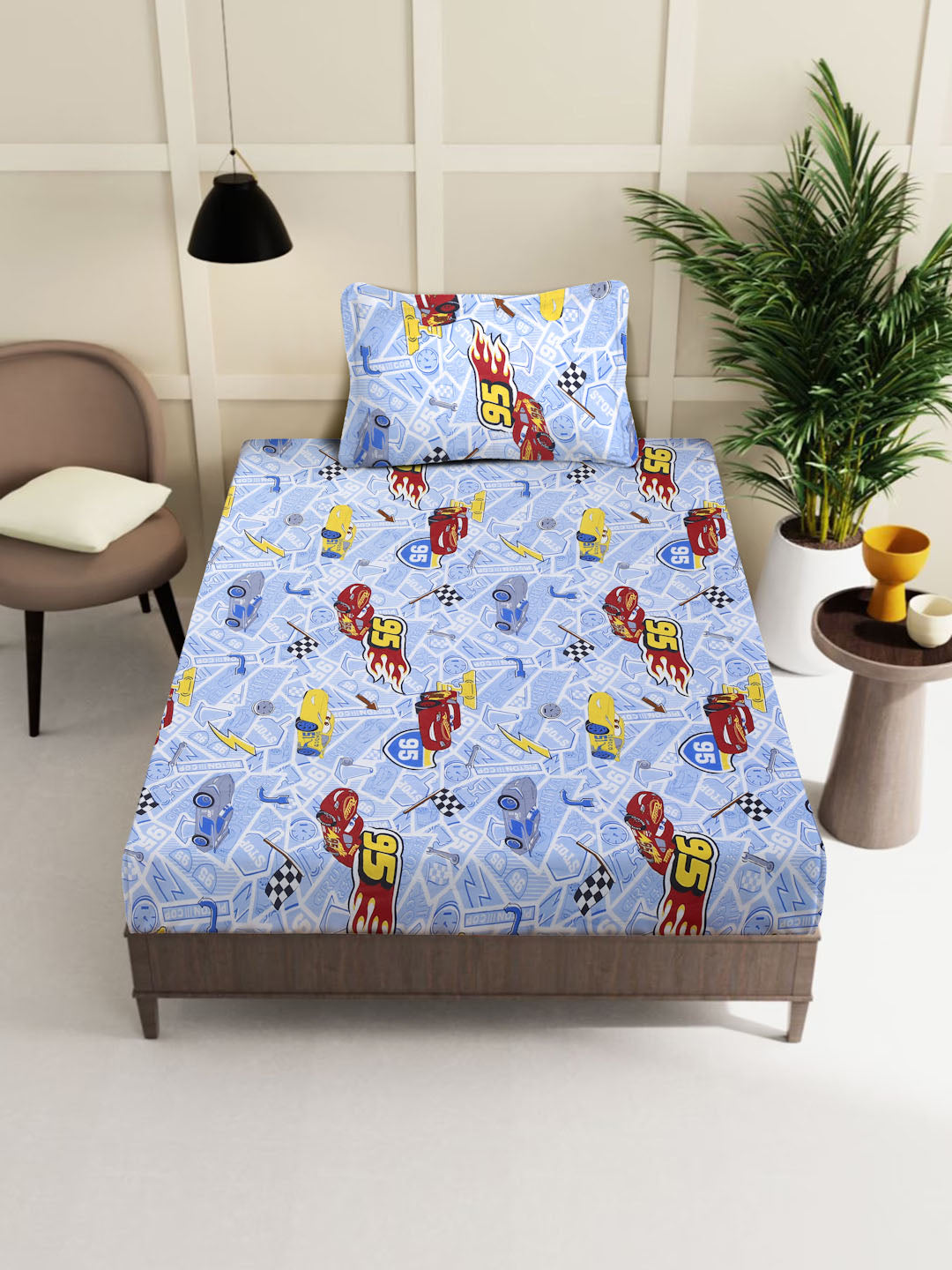 Klotthe SkyBlue Cartoon Characters 400 TC Pure Cotton Single Bedsheet with Pillow Cover