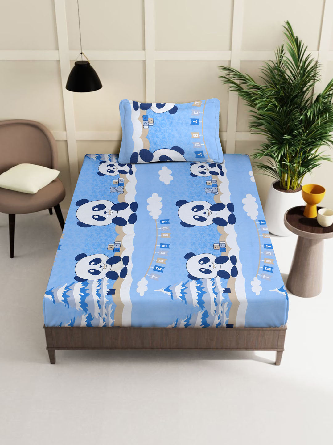 Klotthe SkyBlue Cartoon Characters 400 TC Pure Cotton Fitted Single Bedsheet with Pillow Cover