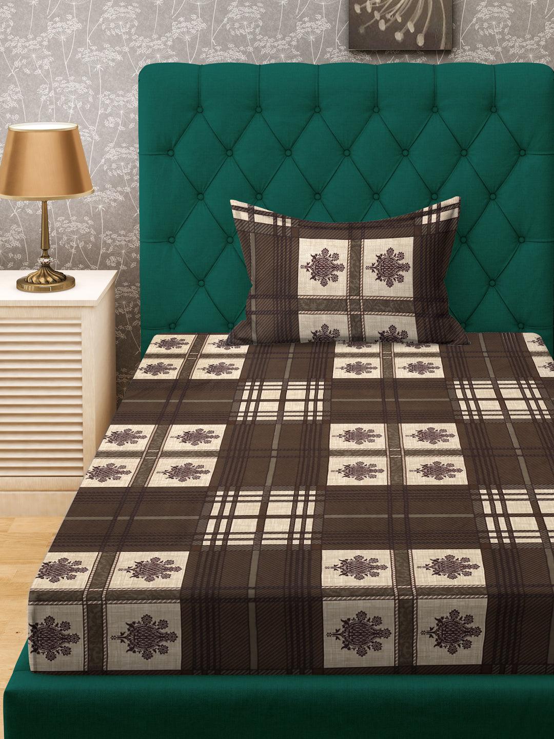 Klotthe Brown Geometric 300 TC Cotton Blend Fitted Single Bedsheet with Pillow Cover