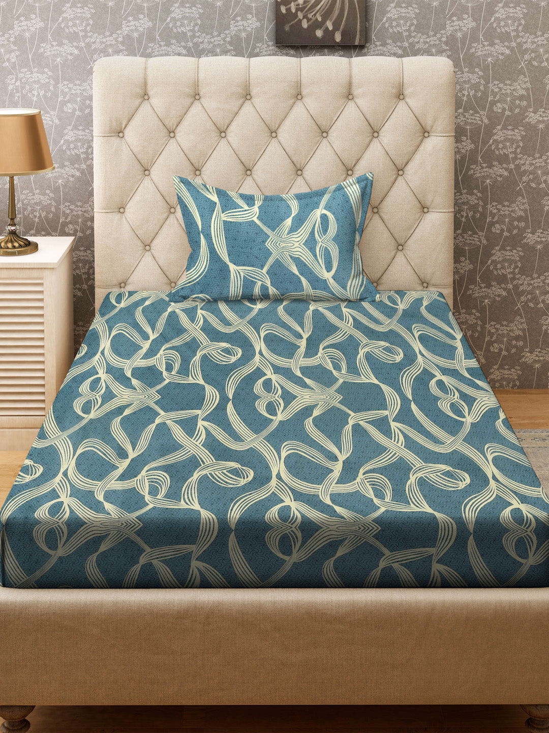 Klotthe Turquoise Abstract 300 TC Cotton Blend Fitted Single Bedsheet with Pillow Cover