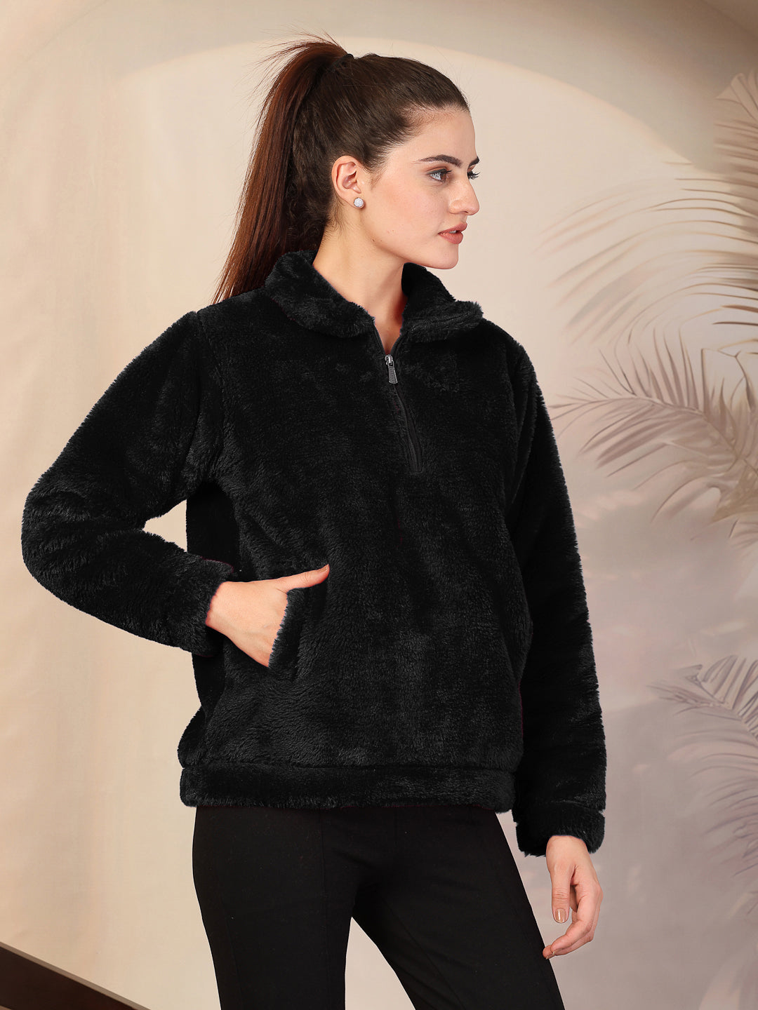 Klotthe Women Black Solid Woolen Fur Winter Jacket