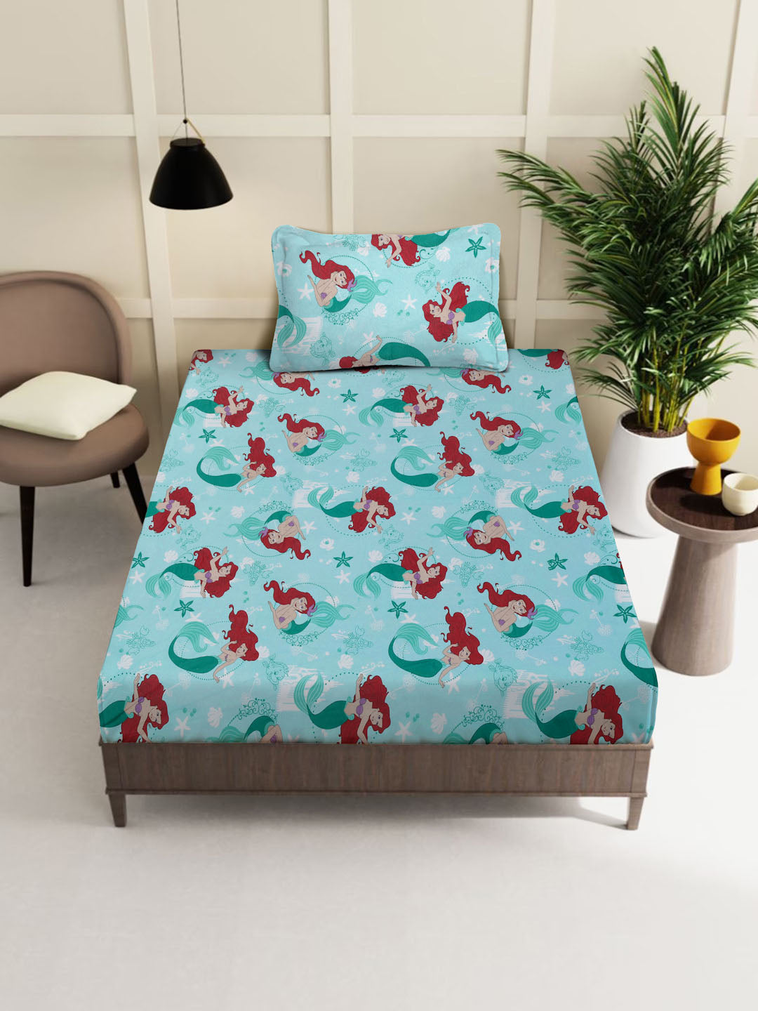 Klotthe Turquoise Cartoon Characters 400 TC Pure Cotton Fitted Single Bedsheet with Pillow Cover