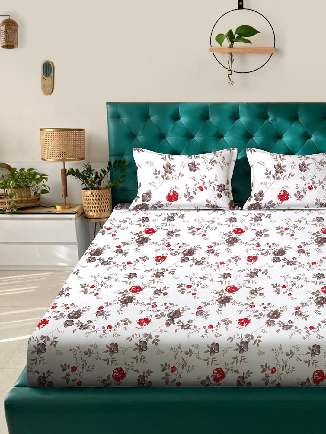 Klotthe White Floral 300 TC Cotton Blend Double Bedsheet with 2 Pillow Covers