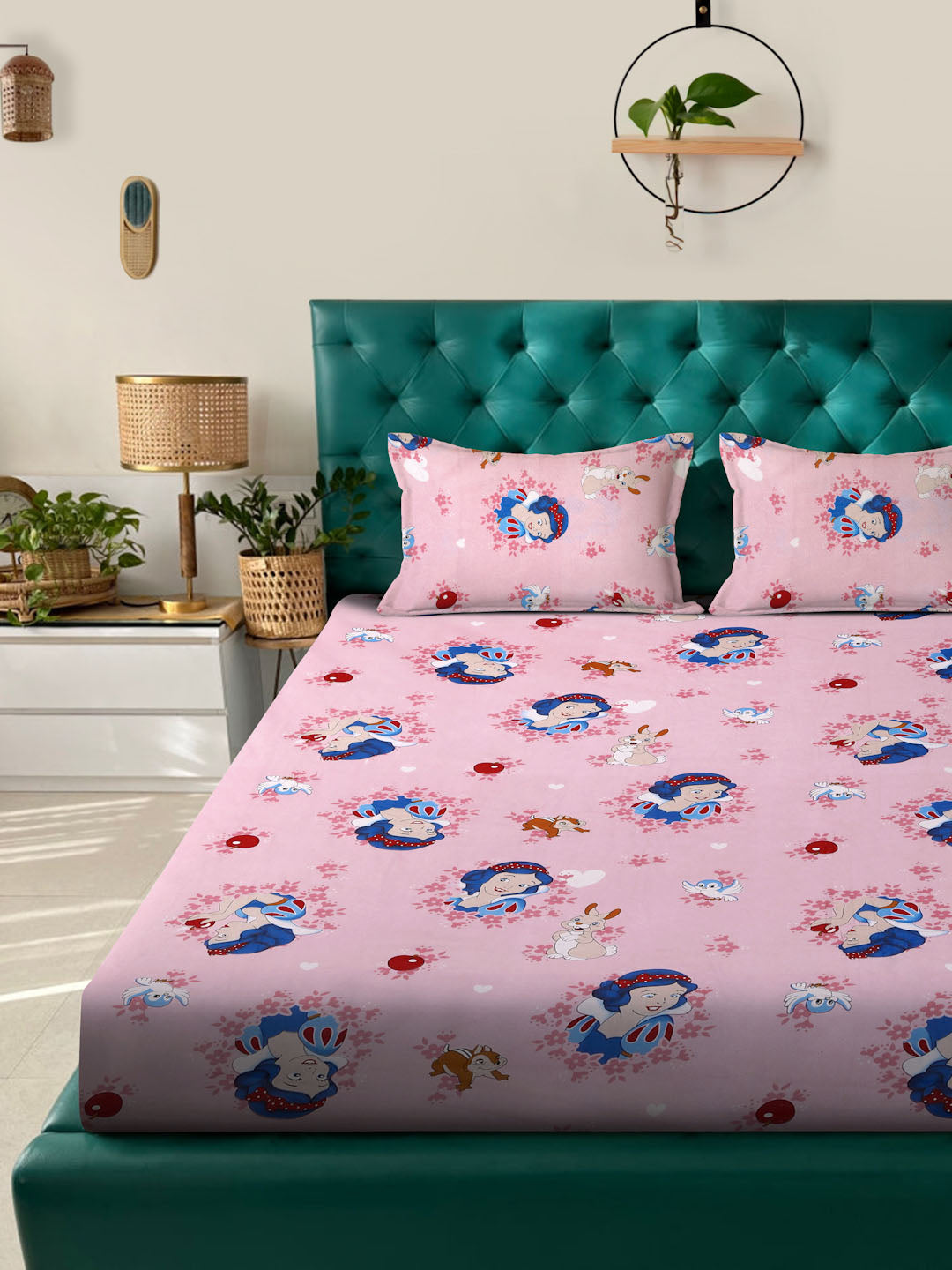 Klotthe Pink Cartoon Characters 400 TC Pure Cotton Fitted Double Bedsheet with 2 Pillow Covers