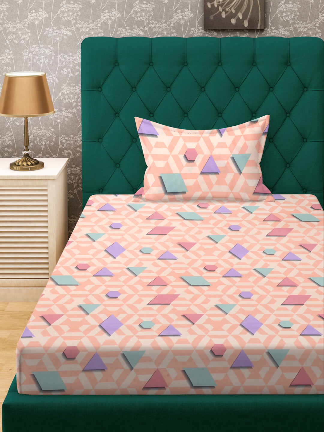 Klotthe Peach Geometric 300 TC Cotton Blend Fitted Single Bedsheet with Pillow Cover