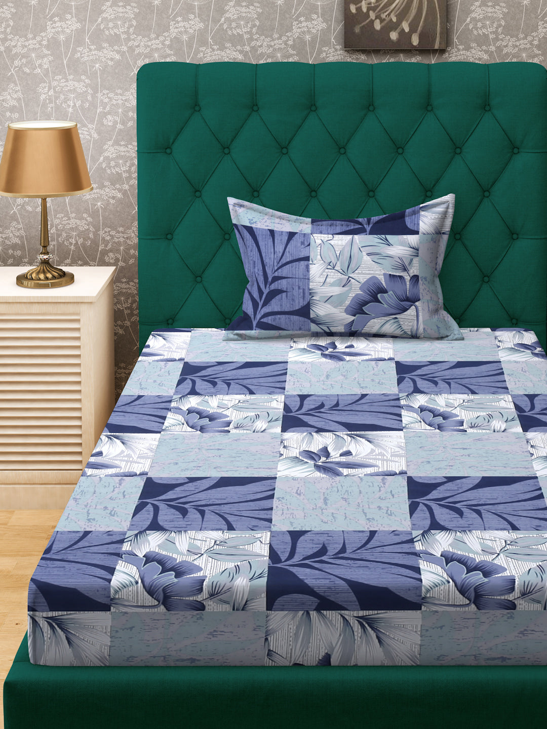 Klotthe Blue Floral 300 TC Cotton Blend Fitted Single Bedsheet Set in Book Fold Packing