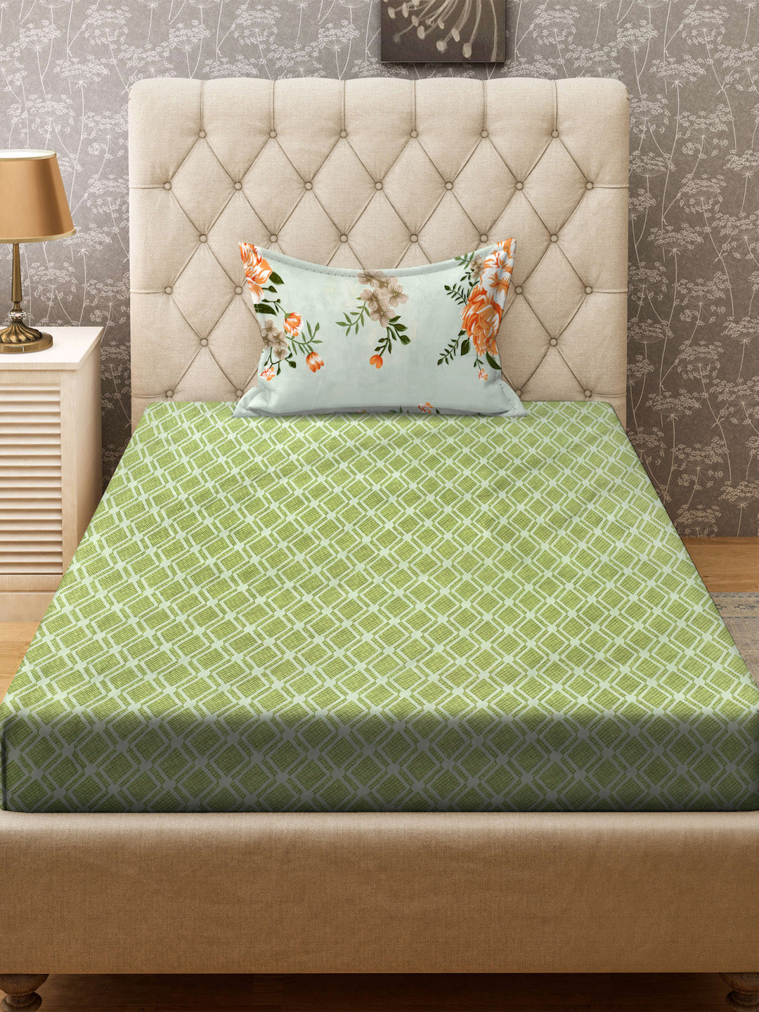 Klotthe Green Geometric 300 TC Cotton Blend Fitted Single Bedsheet with Pillow Cover