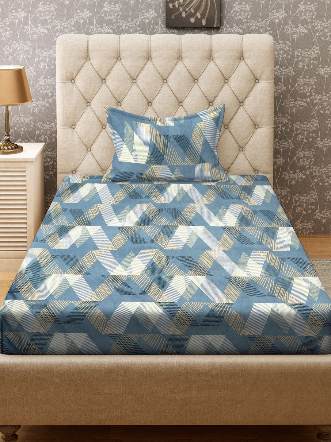 Klotthe Turquoise Abstract 300 TC Cotton Blend Fitted Single Bedsheet with Pillow Cover