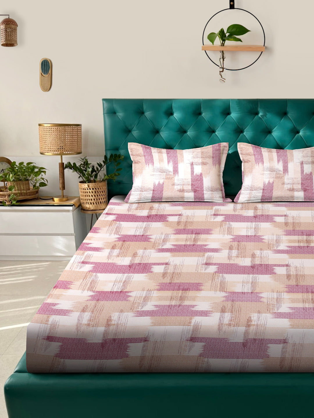 Klotthe Pink Geometric 400 TC Pure Cotton Fitted Double Bedsheet with 2 Pillow Covers