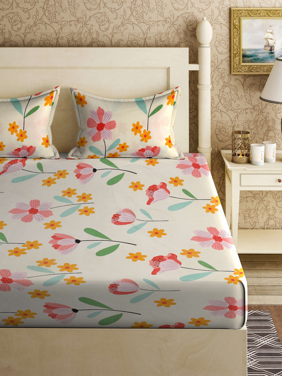 Klotthe Cream Floral 300 TC Cotton Blend Double Bedsheet with 2 Pillow Covers