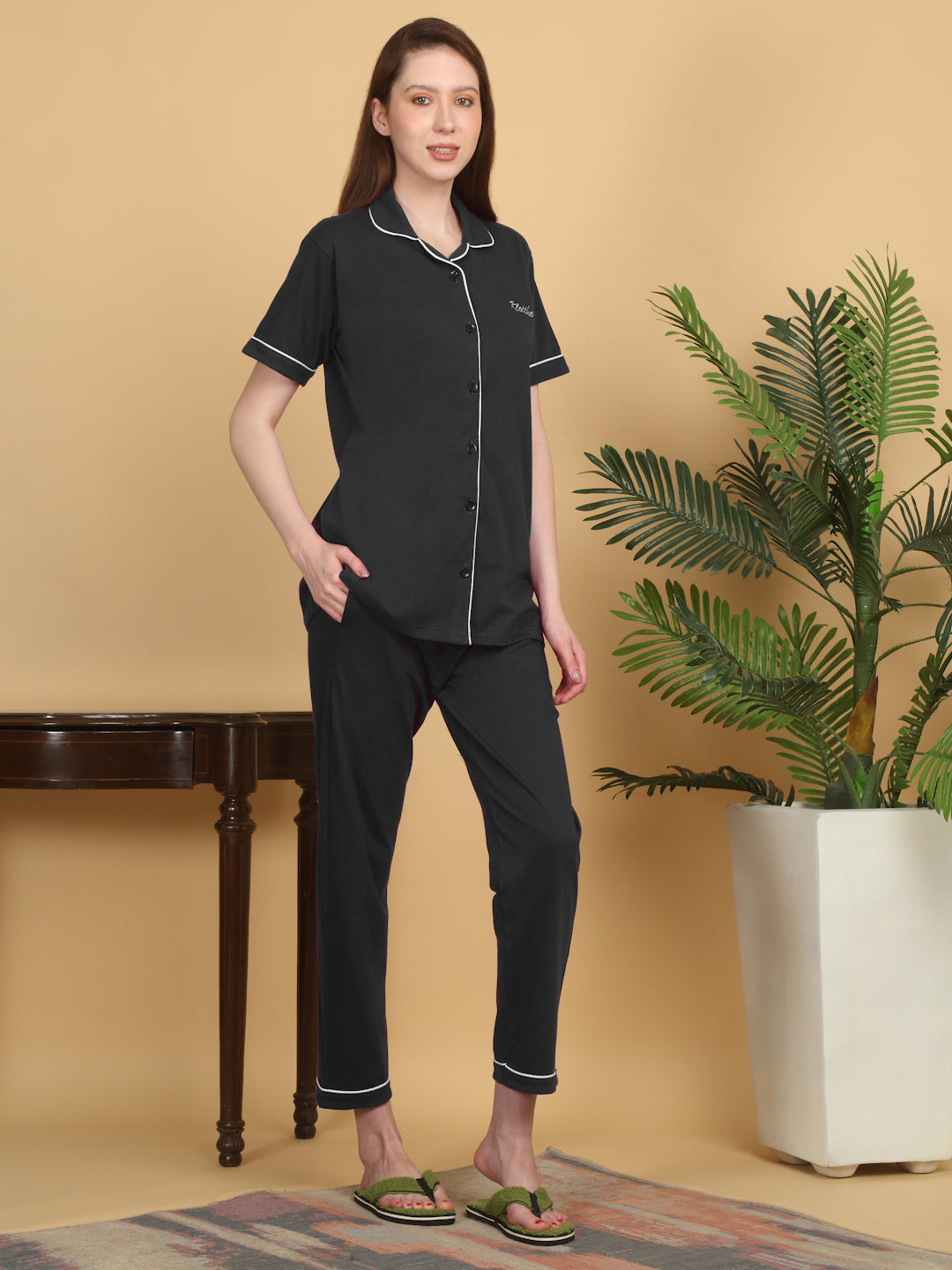 Klotthe Women Black Solid Cotton Night Suit