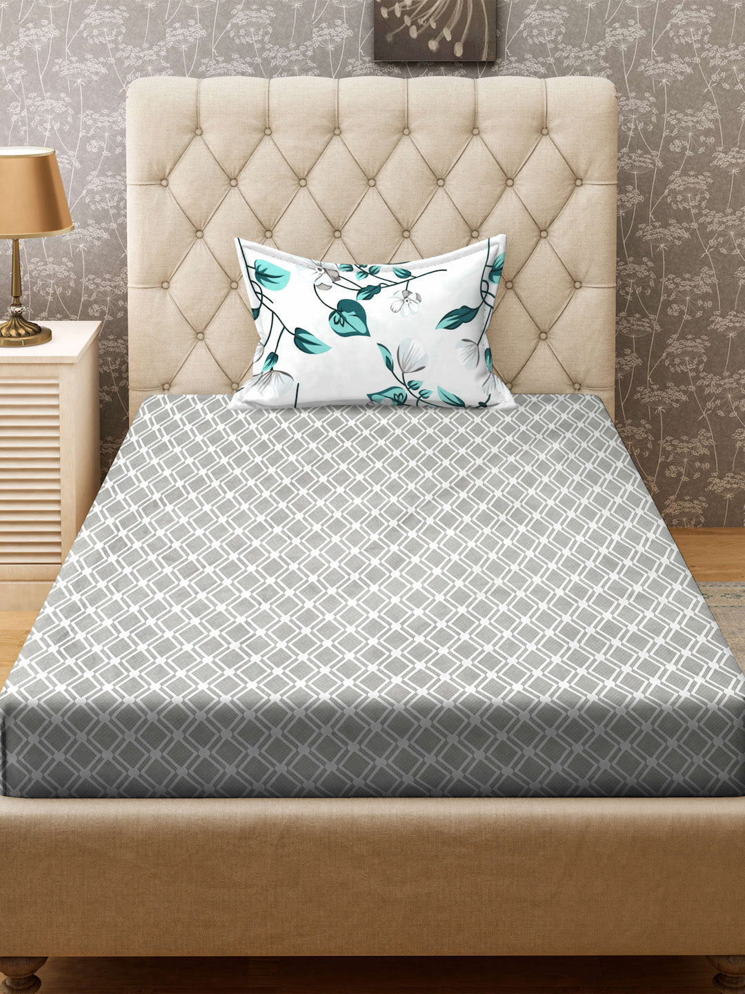 Klotthe Grey Geometric 300 TC Cotton Blend Single Bedsheet with Pillow Cover