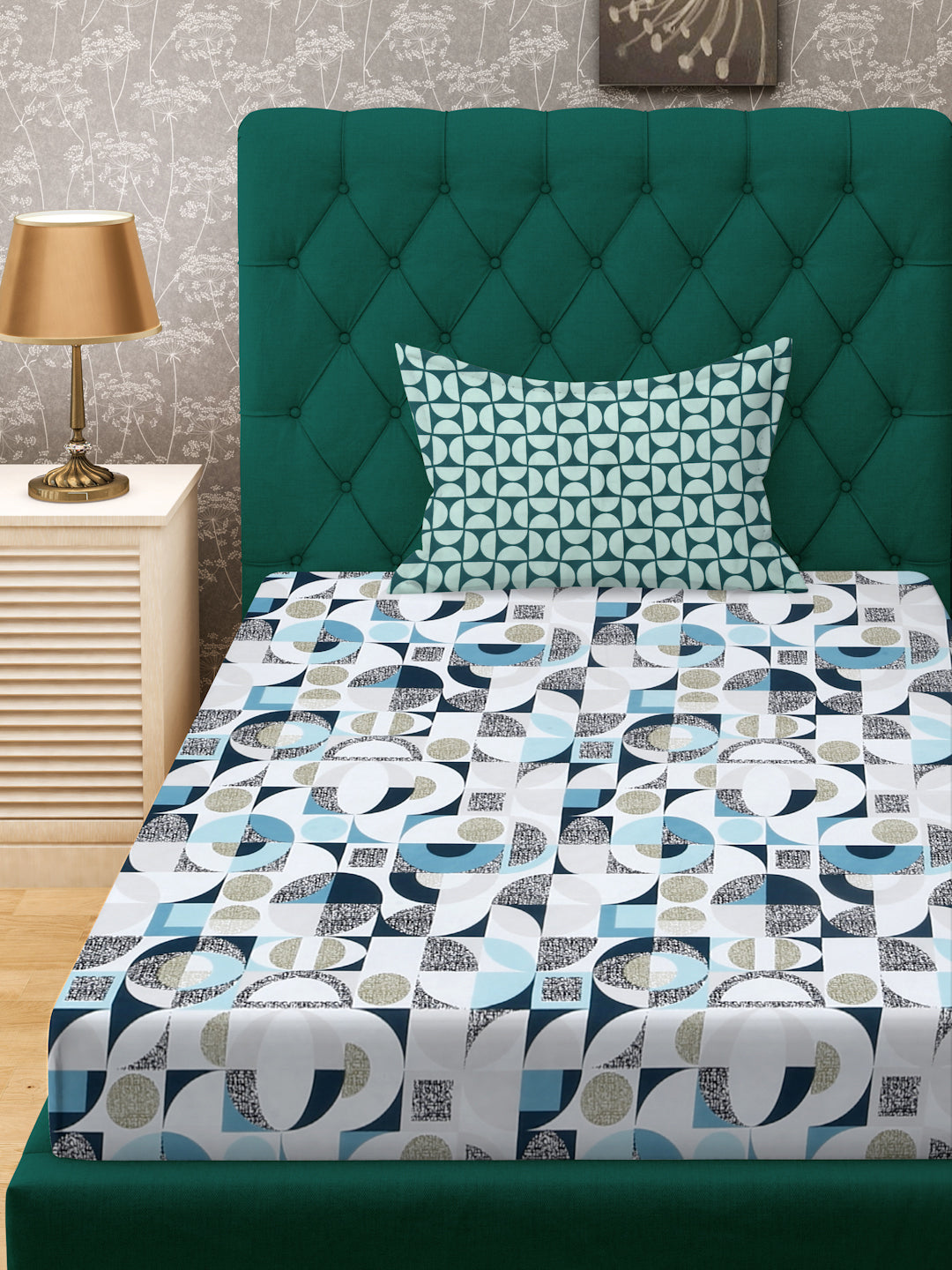 Klotthe White Geometric 300 TC Cotton Blend Single Bedsheet with Pillow Cover