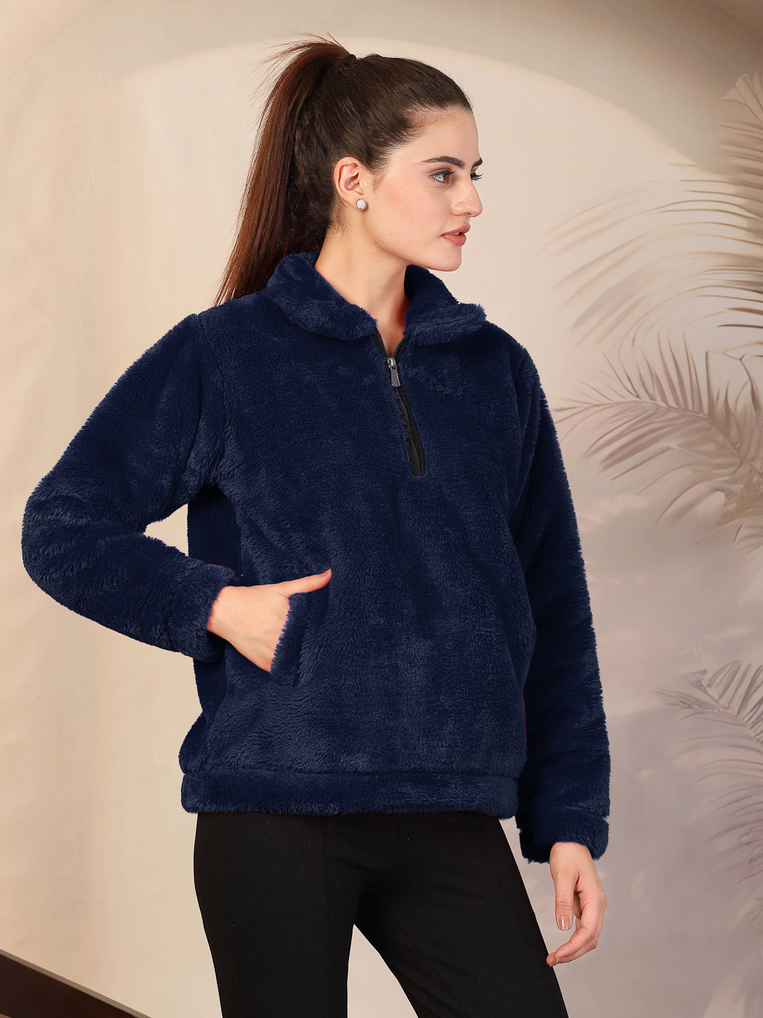 Klotthe Women Blue Solid Woolen Fur Winter Jacket