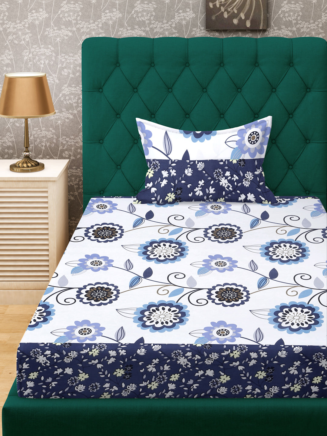 Klotthe White Floral 300 TC Cotton Blend Single Bedsheet with Pillow Cover