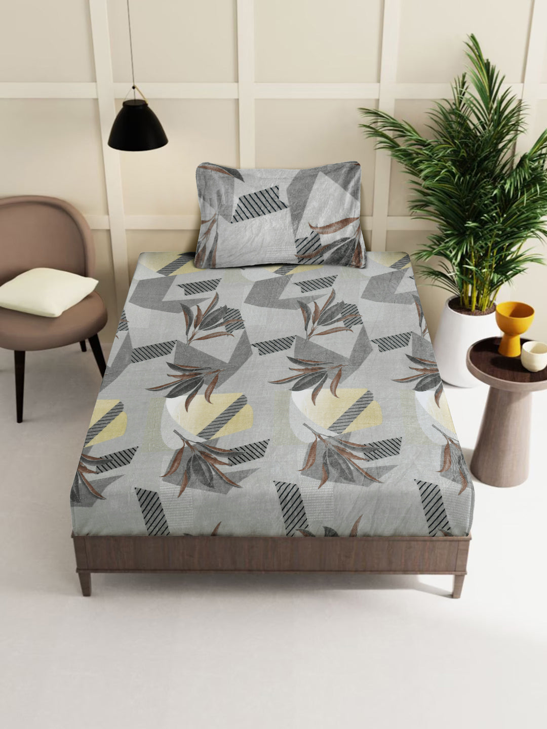 Klotthe Grey Floral Woolen Fitted Single Bed Sheet with Pillow Cover