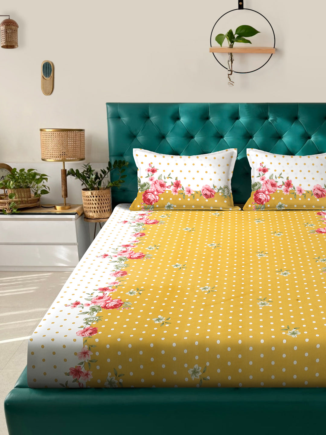 Klotthe Yellow Floral 300 TC Cotton Blend Fitted Double Bedsheet with 2 Pillow Covers