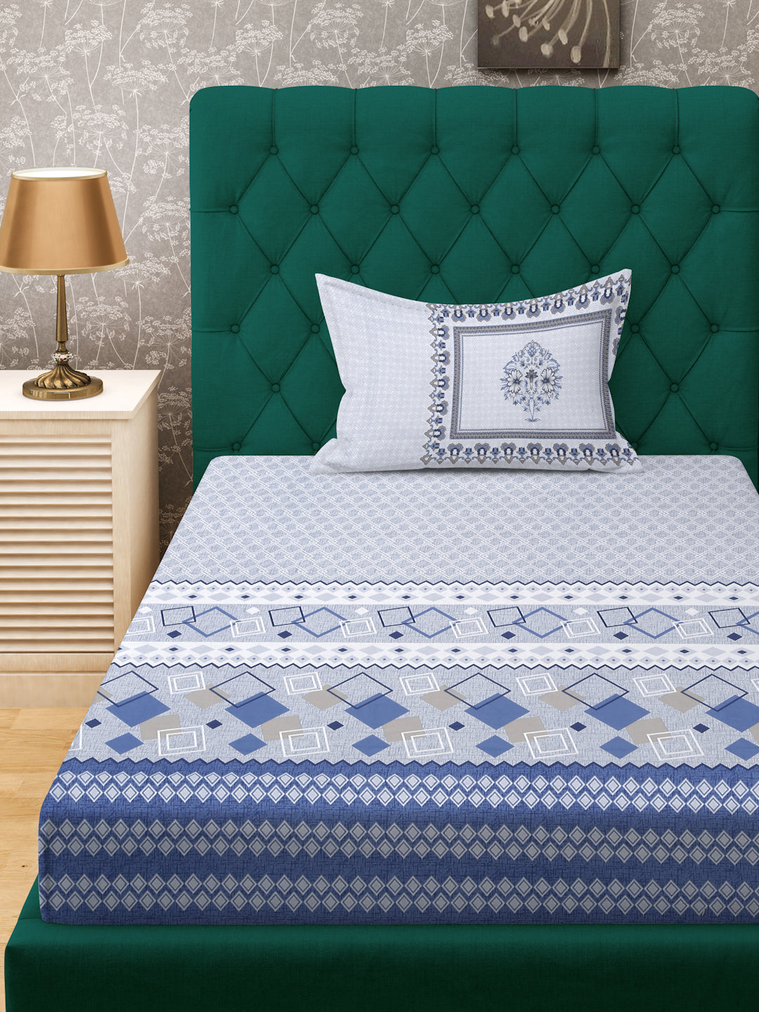 Klotthe Blue Geometric 400 TC Pure Cotton Fitted Single Bedsheet with Pillow Cover