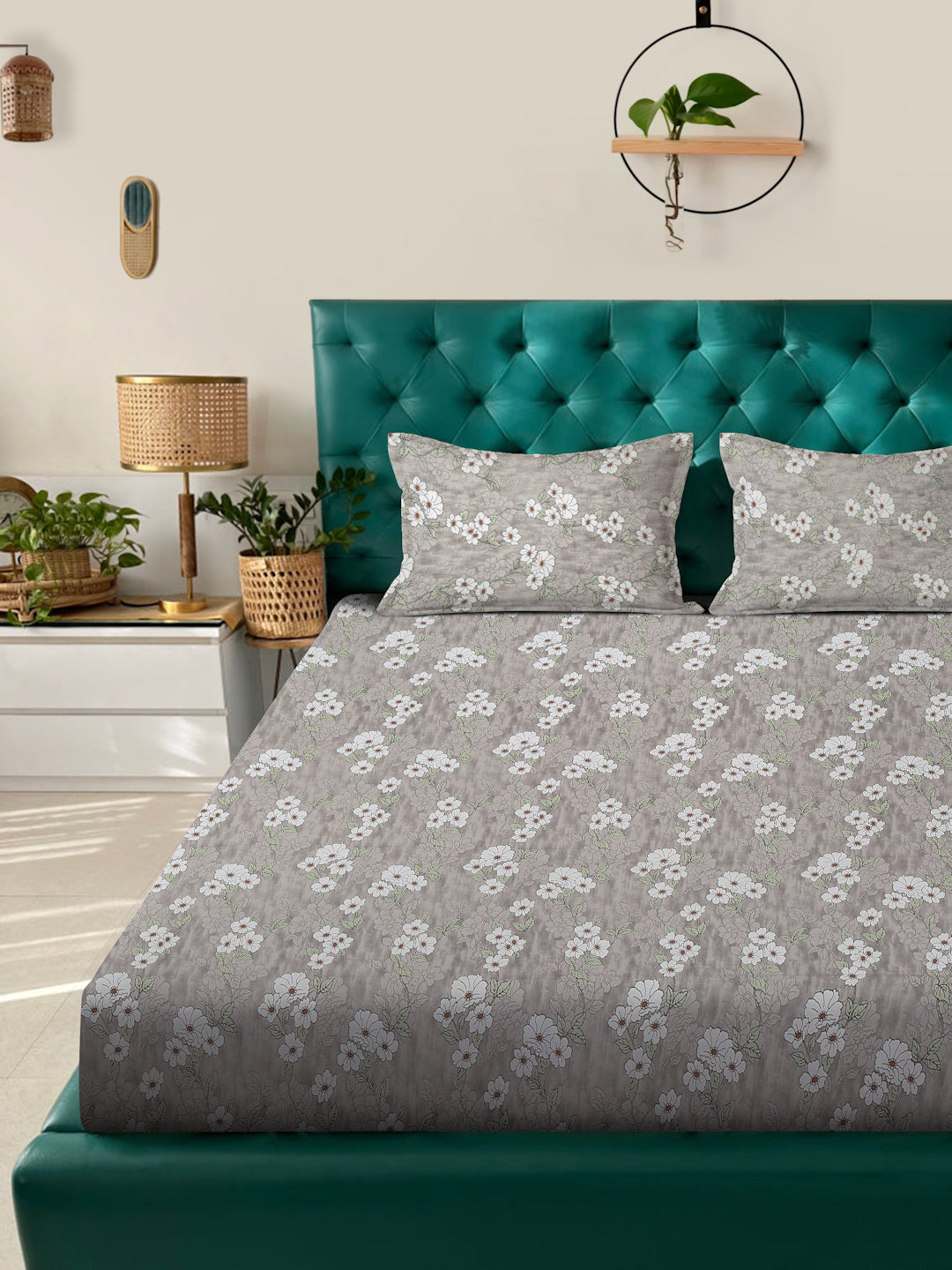 Klotthe Grey Floral 400 TC Pure Cotton Fitted Double Bedsheet with 2 Pillow Covers