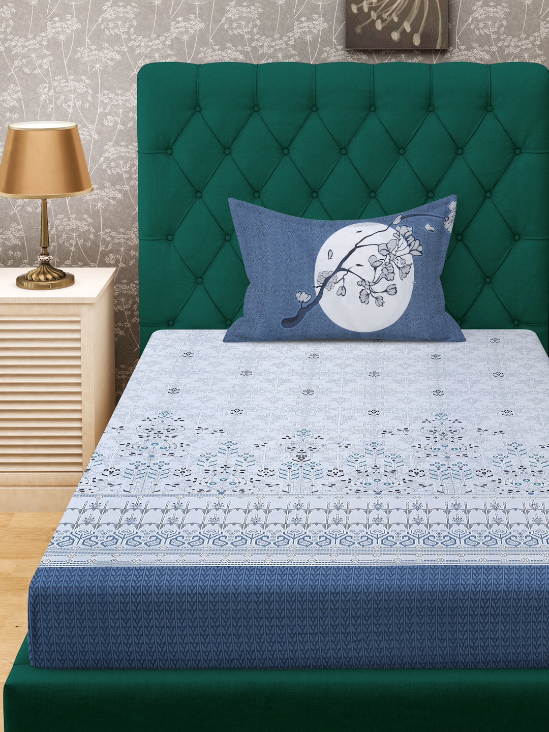Klotthe Blue Floral 400 TC Pure Cotton Single Bedsheet with Pillow Cover