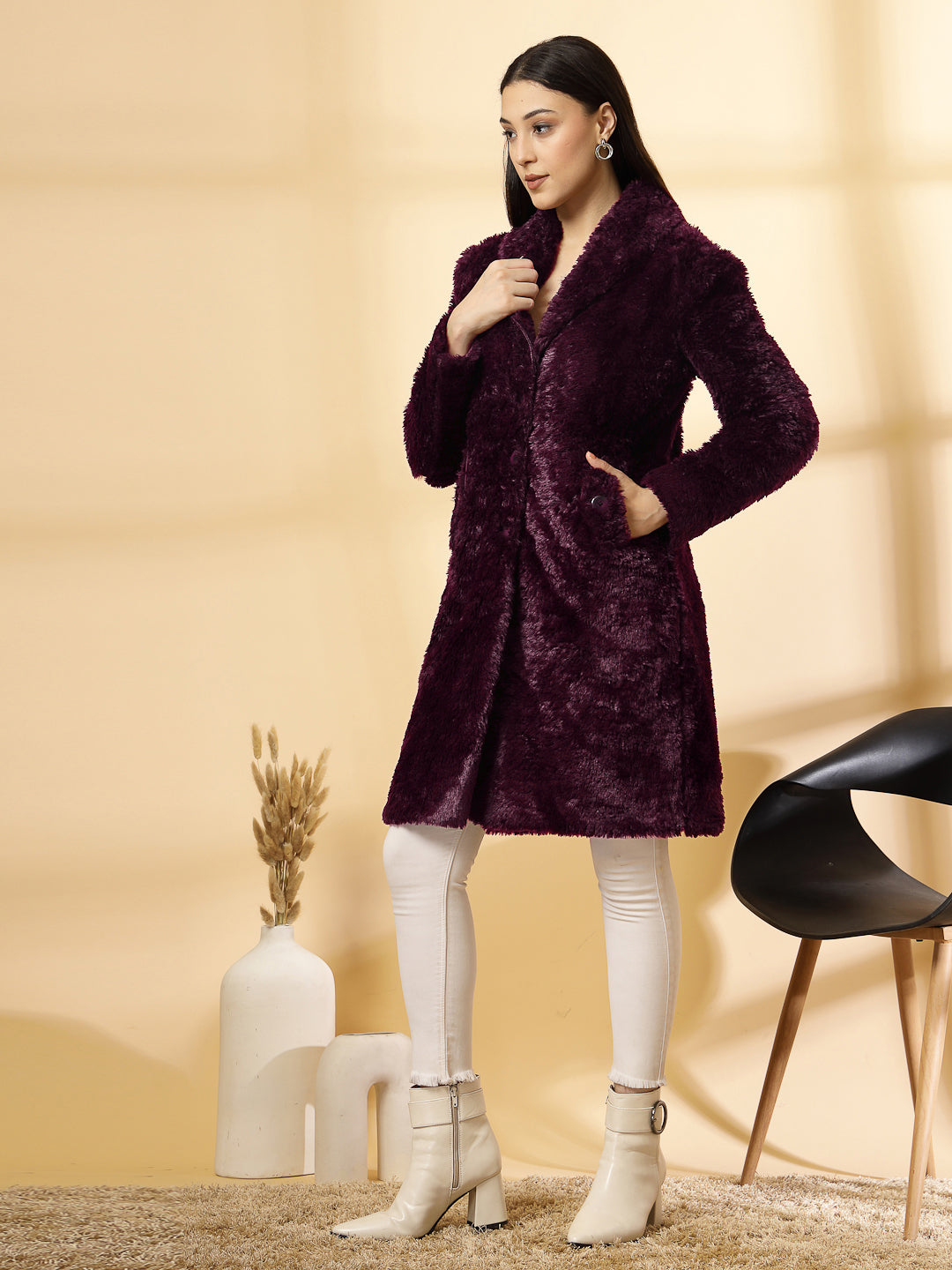 Wine Long Sleeve Single-Breasted Woolen Overcoat by KLOTTHE®