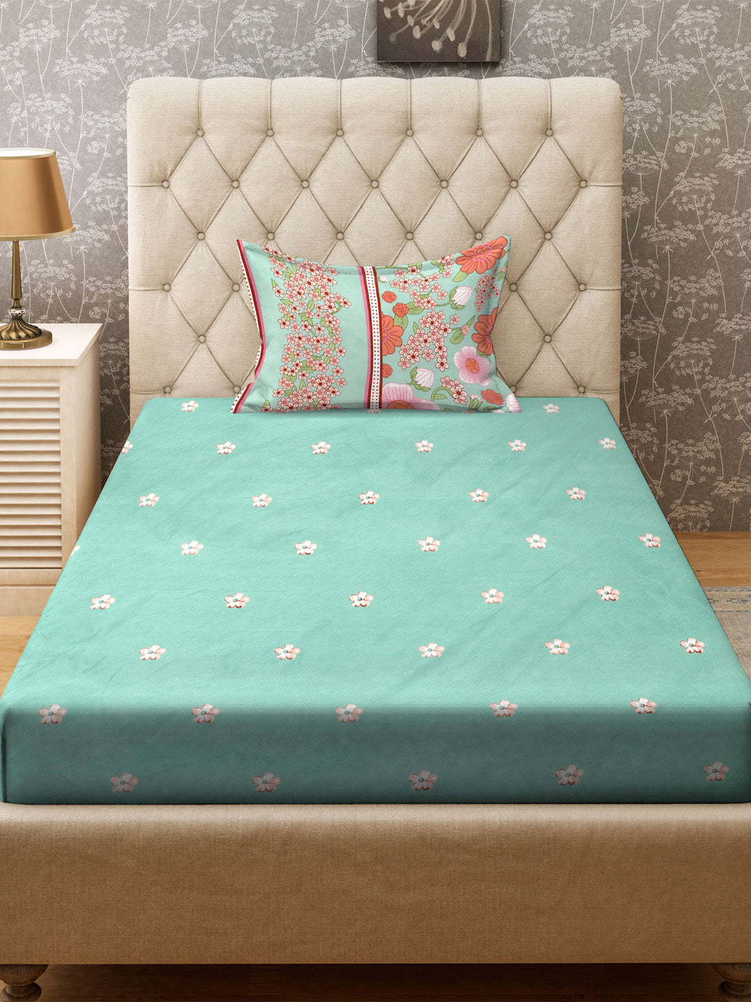 Klotthe Green Floral 300 TC Cotton Blend Single Bedsheet with Pillow Cover