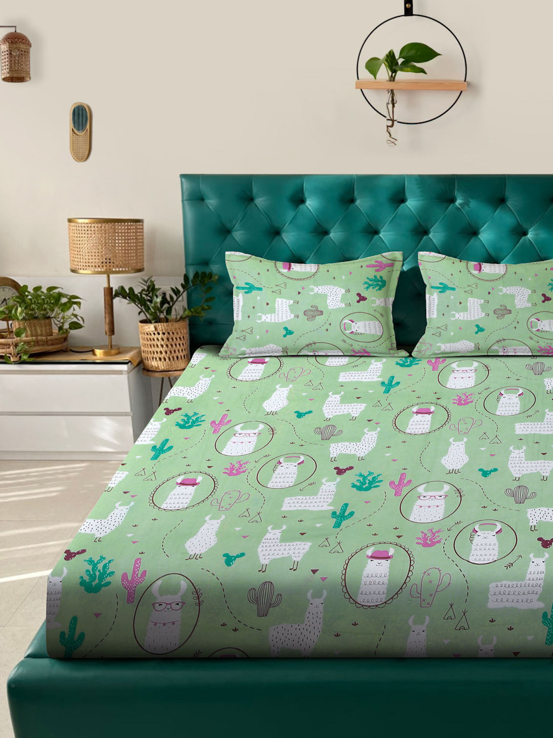 Klotthe Green Cartoon Characters 400 TC Pure Cotton Double Bedsheet with 2 Pillow Covers