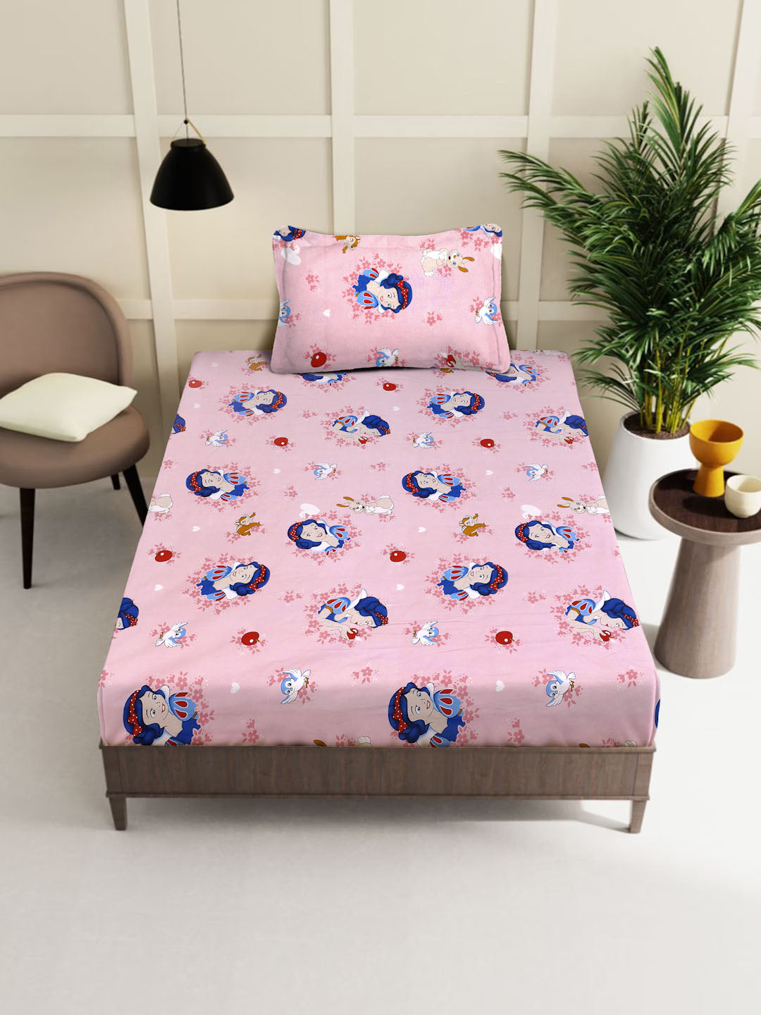 Klotthe Pink Cartoon Characters 400 TC Pure Cotton Single Bedsheet with Pillow Cover