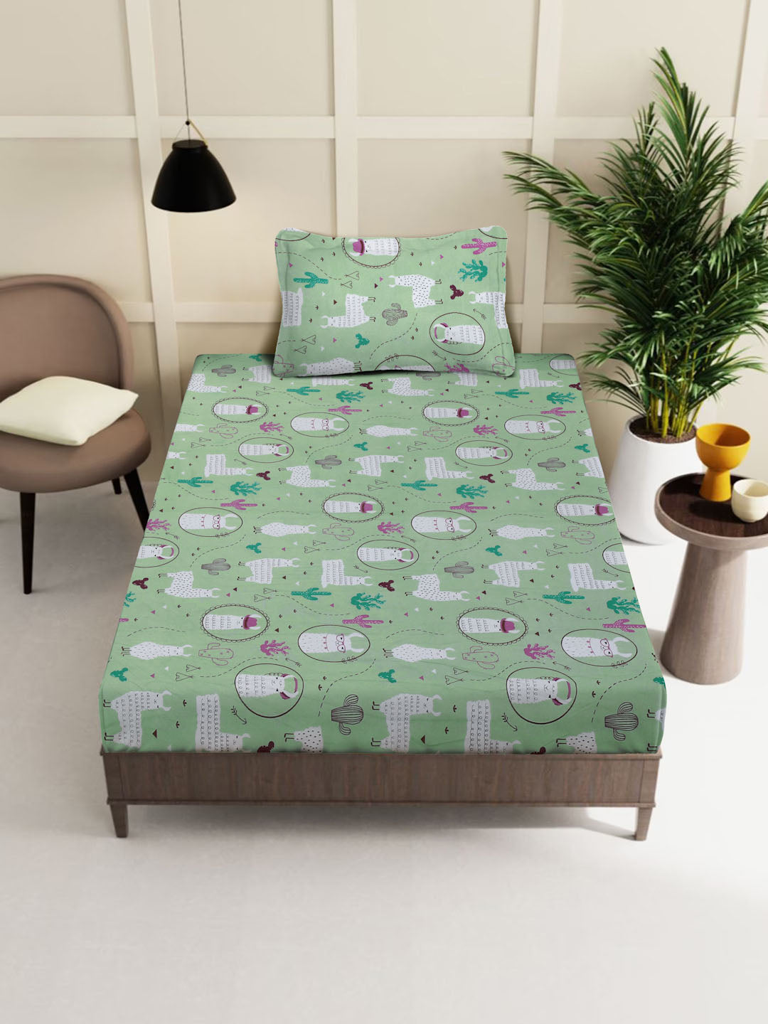 Klotthe Green Cartoon Characters 400 TC Pure Cotton Fitted Single Bedsheet with Pillow Cover